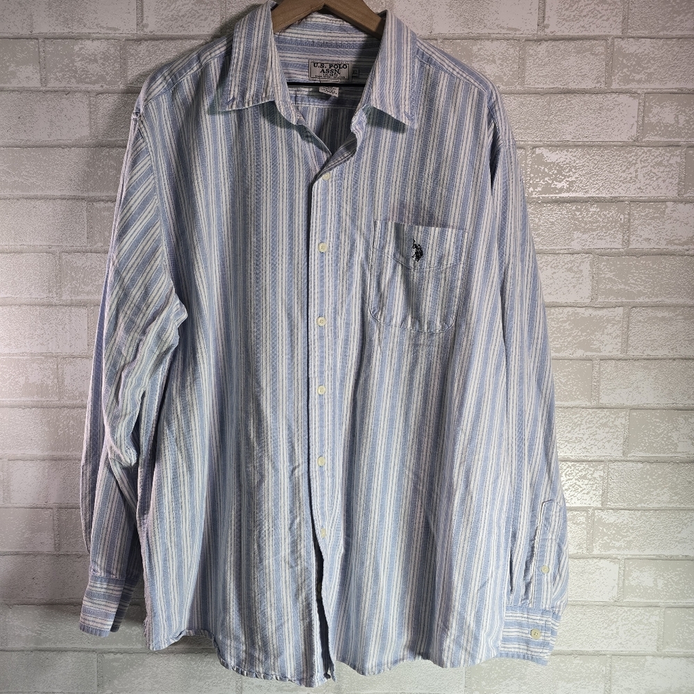 U.S. Polo Assn Shirt Button Down Long Sleeve 100% Cotton Light Blue Stripe XL